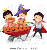 Cartoon Vector of Happy Halloween Kids Putting Jack O'Lanterns in a Wheelbarrow by BNP Design Studio