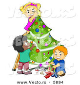 Cartoon Vector of Happy Kids Decorating a Christmas Tree Together by BNP Design Studio