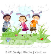 Cartoon Vector of Happy Kids Hunting for Hidden Easter Eggs by BNP Design Studio