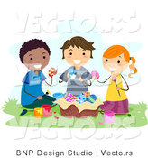 Cartoon Vector of Happy Kids Painting Eater Eggs Outside by BNP Design Studio