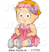 Cartoon Vector of Happy Red Haired Toddler Girl Sitting in a Pink Dress by BNP Design Studio