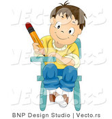 Cartoon Vector of Happy School Boy Writing While Seated at Desk by BNP Design Studio