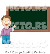 Cartoon Vector of Happy Smart School Boy Smiling in Front of Blank Chalk Board by BNP Design Studio