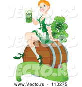 Cartoon Vector of Happy Strawberry Blond Beer Maiden Woman Sitting on a Keg Barrel and Holding a Cup of Green St Patricks Day Alcohol over a Blank Banner with Magical Shamrock Clovers by Pushkin