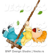 Cartoon Vector of Leaves Falling Around Happy Boy Swinging on a Rope with Wood Seat by BNP Design Studio