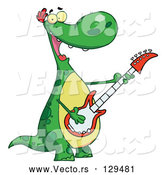 Cartoon Vector of Musical Green Dinosaur Rockin out with a Guitar During a Music Concert by Hit Toon