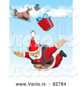 Cartoon Vector of Santa Sky Diving with Presents from His Sleigh by David Rey