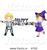 Cartoon Vector of Skeleton and Witch Kids Holding a "Happy Halloween" Sign by BNP Design Studio