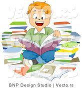 Cartoon Vector of Smiling School Boy Reading Book Within a Pile Books by BNP Design Studio