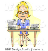Cartoon Vector of Teacher Sitting at Desk with Legs Crossed While Grading Tests by BNP Design Studio