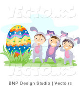 Cartoon Vector of Three Happy Kids in Bunny Costumes Beside a Giant Egg by BNP Design Studio