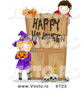 Cartoon Vector of Witch and Vampire Kids at a Happy Halloween Haunted House Door by BNP Design Studio