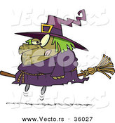 Halloween Cartoon Vector of a Obese Witch Riding Broomstick by Toonaday
