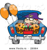 Halloween Vector of a Cartoon Trick-or-Treater Riding in the Trunk of a Car with Full Bucket of Candy by Toonaday
