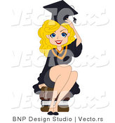 Vector Cartoon of Graduating Pinup School Girl Sitting on Books by BNP Design Studio