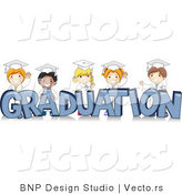 Vector Cartoon of Happy Diverse Graduates Standing Behind GRADUATION Text by BNP Design Studio