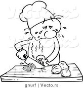 Vector Line Drawing of a Cartoon Chef Slicing Onions While Crying by Gnurf