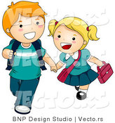 Vector of 2 Cartoon Kids Holding Hands and Walking to School by BNP Design Studio