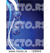 Vector of 3 Dark Blue Christmas Ornaments with White Snowflake Patterns, over a Gradient Blue Background with Snow Flakes and Sparkles by KJ Pargeter