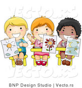 Vector of 3 Happy Diverse School Kids Holding up Their Drawings in Art Class by BNP Design Studio