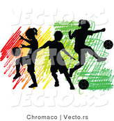 Vector of 3 Silhouetted Children Playing Soccer Ball over Colorful Scribbles by Chromaco
