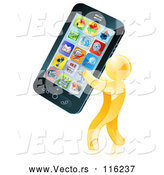 Vector of 3d Gold Guy Carrying a Giant Cell Phone by AtStockIllustration
