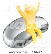Vector of 3d Gold Man Cheering and Sitting on a Computer Mouse by AtStockIllustration