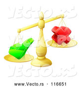 Vector of 3d Gold Scales Weighing a Decision Check Mark and X Cross by AtStockIllustration