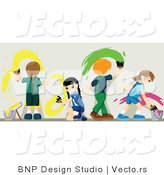 Vector of 4 Young Kids Painting a Wall with Bright Paint by BNP Design Studio