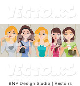 Vector of 5 Pretty Girls Talking While Applying Makeup in a Restroom by BNP Design Studio