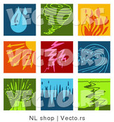 Vector of 9 Weather Icons: Rain, Tornado, Fires, Sunny, Lightning, Tsunami, Volcano, Flood, and Earthquake by NL Shop