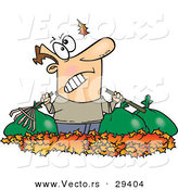 Vector of a Angry Cartoon Man Watching Another Leaf Fall on His Piles and Bags of Raked Autumn Leafs by Toonaday