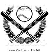 Vector of a Baseball over Crossed Bats and a Laurel Wreath - Black and White by Vector Tradition SM