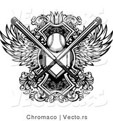 Vector of a Baseball with Crossed Bats and Home Base Plate over a Winged Shield - Black and White by Chromaco