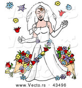 Vector of a Beautiful White Bride in a White Gown and Gloves, Wearing a Veil and Garland, Surrounded by Flowers by LaffToon