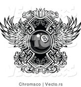 Vector of a Billiards Eight Ball with Ornate Wings Design - Black and White by Chromaco