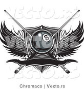 Vector of a Billiards Number Eight Ball with Pool Sticks over Wings and Blank Banner by Chromaco