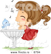 Vector of a Bird Serenading a Happy Young Girl Leaning on a Bird Bath - Cartoon Style by BNP Design Studio