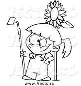 Vector of a Black and White Gardening Girl by a Sunflower by Toonaday