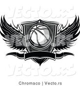 Vector of a Blank Winged Basketball Banner over Shield - Black and White by Chromaco