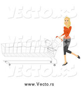Vector of a Blond White Shopping Woman Pushing a Long Cart by BNP Design Studio
