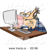 Vector of a Bored Cartoon Customer Support Worker Blowing Bubble Gum While Working in Front of a Computer by Toonaday