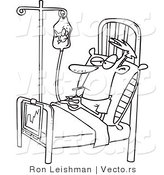 Vector of a Bored Cartoon Patient IV Fluid Bag While Resting in a Hospital Bed - Line Drawing by Toonaday