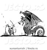 Vector of a Brave Knight Fighting a Dragon - Black and White Woodcut by Xunantunich
