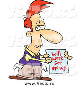 Vector of a Broke Cartoon Red Haired White Man Holding a Will Work for Money Sign by Toonaday