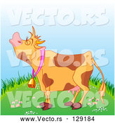 Vector of a Brown Spotted Cartoon Farm Cow Mooing on a Green Grassy Hill by Pushkin