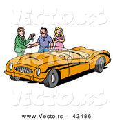 Vector of a Car Sales Man Giving a Customer the Keys to an Orange Classic Convertible Car by LaffToon