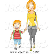 Vector of a Caring Cartoon Mom Holding Her Son's Hand While Walking to School by BNP Design Studio