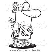 Vector of a Cartoon Accident Prone Man with Bandages and a Crutch - Outlined Coloring Page by Toonaday