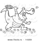 Vector of a Cartoon Alligator Playing Tennis - Coloring Page Outline by Toonaday